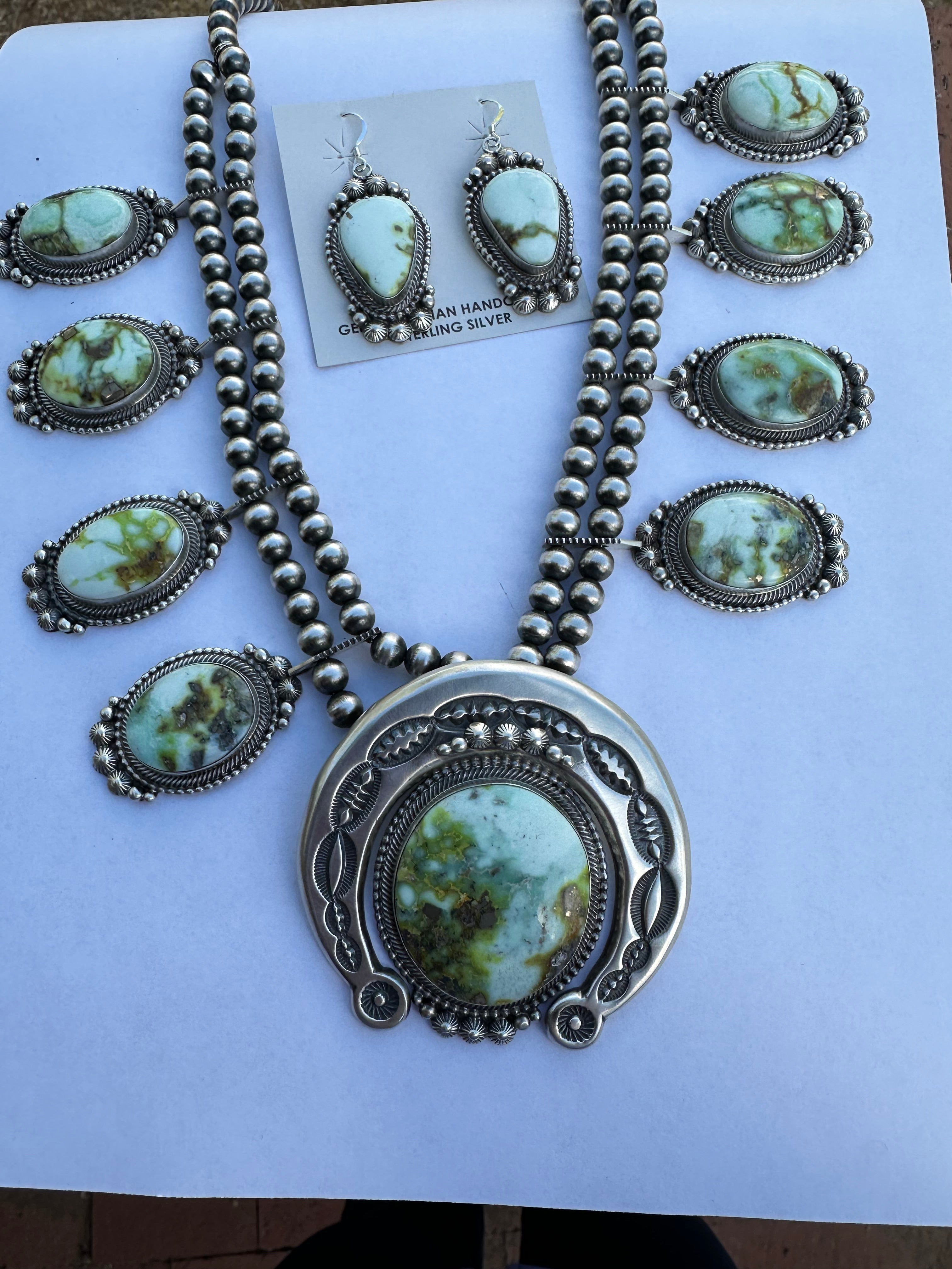 Navajo Sterling Silver Palomino Turquoise Squash Blossom Jewelry Set