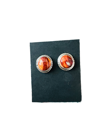 Navajo Sterling Silver & Orange Spiny Stud Earrings