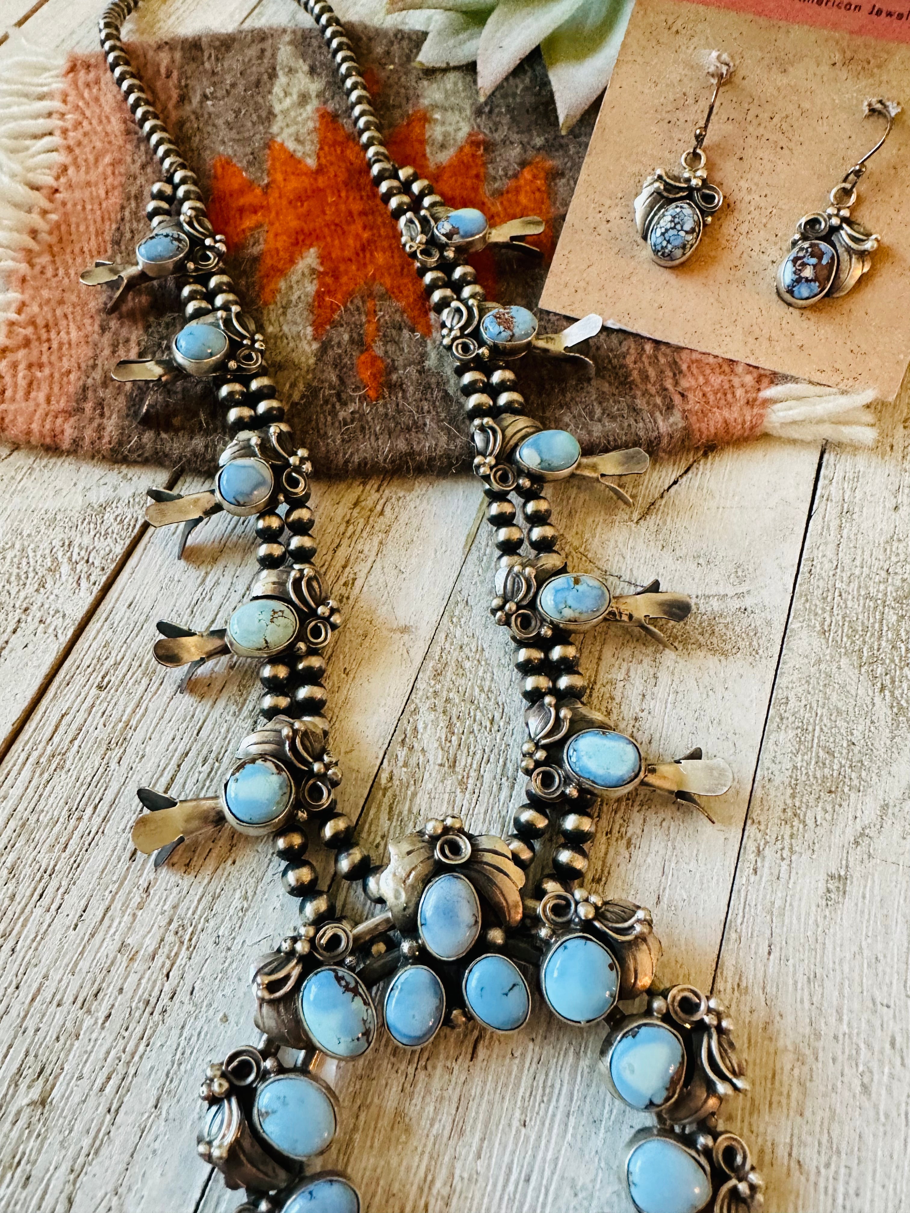 Navajo Golden Hills Turquoise & Sterling Silver Squash Blossom Necklace Set