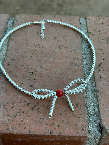 Stylish Sterling Silver Coral & Christmas Pearl Bow Tie Necklace