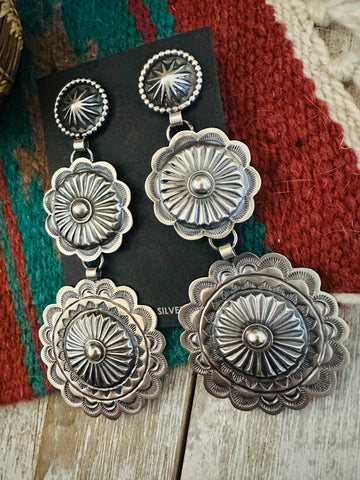 Navajo Hand Stamped Sterling Silver Concho Dangle Earrings by Hemerson Brown