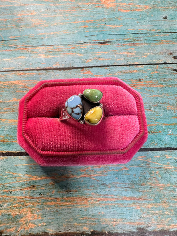 Stunning Handmade Turquoise & Silver Adjustable 3-Stone Ring