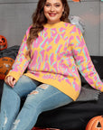 Plus Size Leopard Ribbed Trim Crewneck Sweater