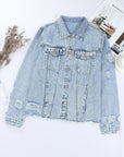Denim Lapel Distressed Raw Hem Buttoned Jacket