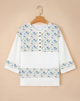 Floral Gauze Patchwork 3/4 Sleeve Blouse