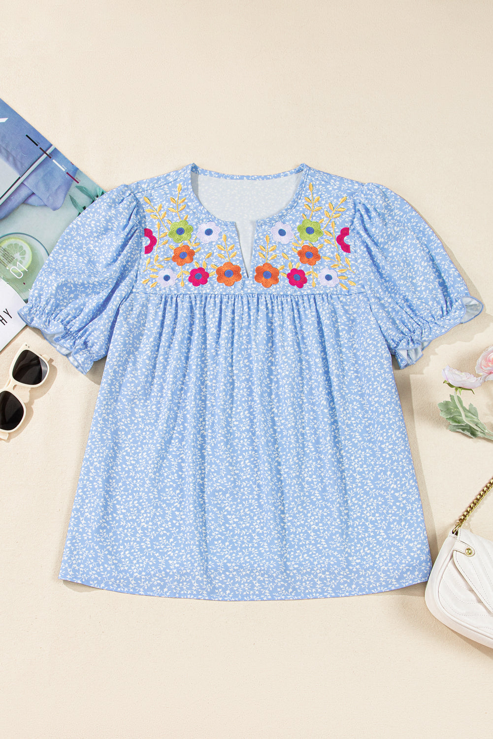 Kenzie Floral Embroidered Puff Sleeve Blouse