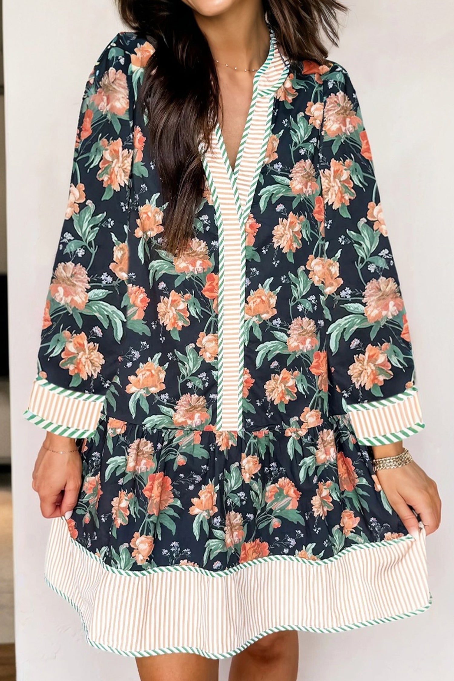 Floral Stripe Trim V-Neck Ruffle Hem Mini Dress
