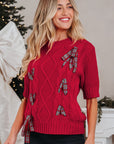 Christmas Plaid Lace-Up Puff Sleeve Sweater