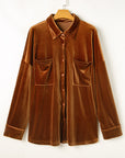 Plus Size Velvet Button-Up Pocketed Drop Shoulder Shirt