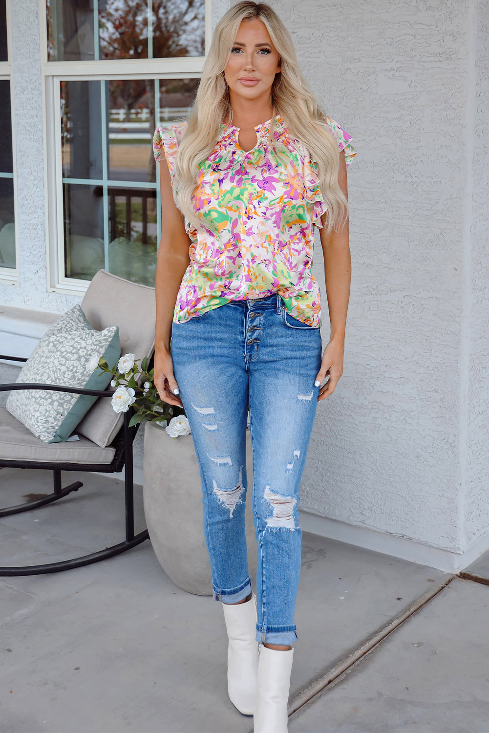 Savanna Ruffled Short Sleeve Notched Neck Blouse
