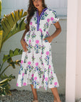 Julietta Floral Puff Short Sleeve V Neck High Waist Maxi Dress