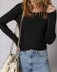 Solid Ribbed Knit Buttoned Long Sleeve Top