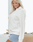 Textured Knit Collared V-Neck Pullover Sweatshirt