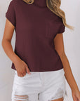 Solid Ribbed Knit Patch Pocket Short Sleeve Sweater
