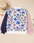 Floral Panel Colorblock Sleeve Crewneck Sweater