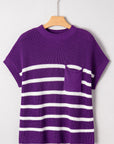 Stripe Patch Pocket Short Sleeve Knit Sweater