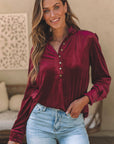 Gwynn Frilled Neck Buttoned Front Velvet Top