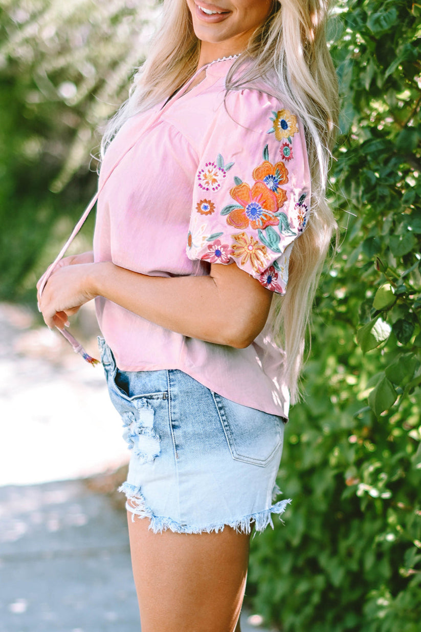 Floral Embroidered Puff Sleeve Blouse
