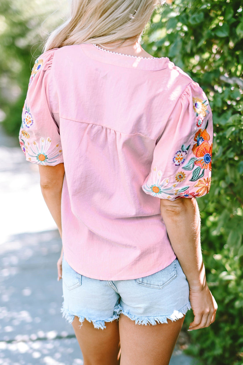 Floral Embroidered Puff Sleeve Blouse