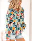 Floral Patchwork Long Sleeve Collared V-Neck Blouse