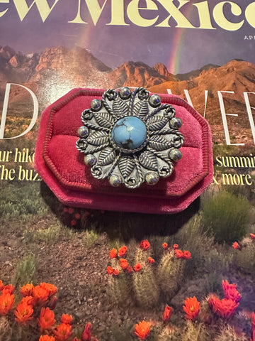 Handmade Sterling Silver Golden Hills Turquoise Adjustable FLOWER Ring Signed Nizhoni ROUND