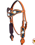 Hilason Western Horse Headstall Bridle American Leather Tan Floral Black Inlay