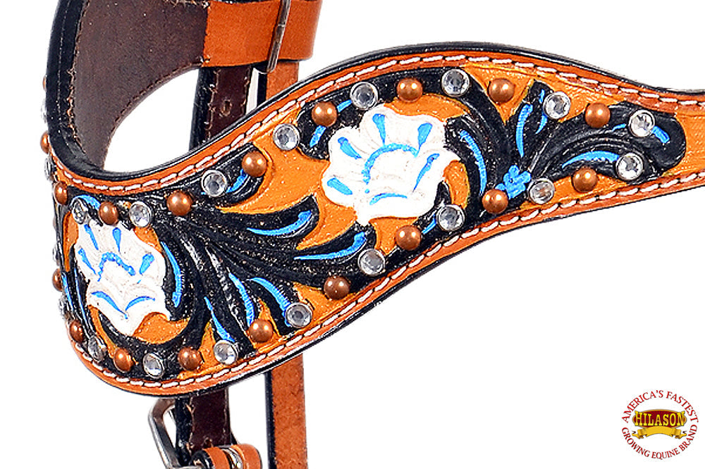 Hilason Western Horse Headstall Bridle American Leather Tan Floral Black Inlay