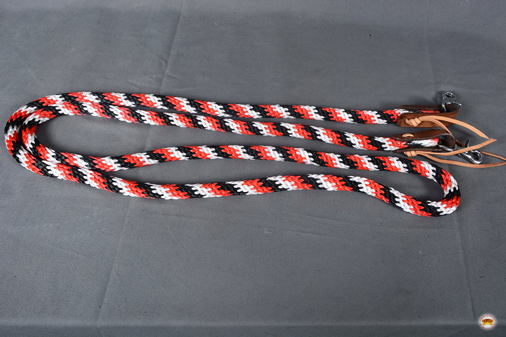 5/8 in x 8 ft HILASON Poly Roper Reins Scissor Snap Black &amp; Red &amp; White
