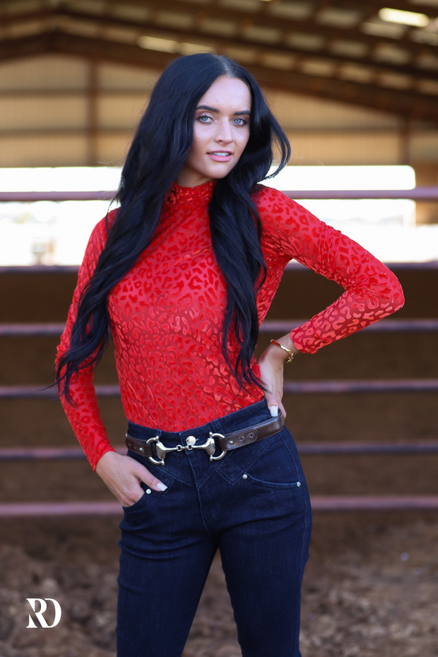 RED LEOPARD VELVET BURNOUT LAYERING TOP