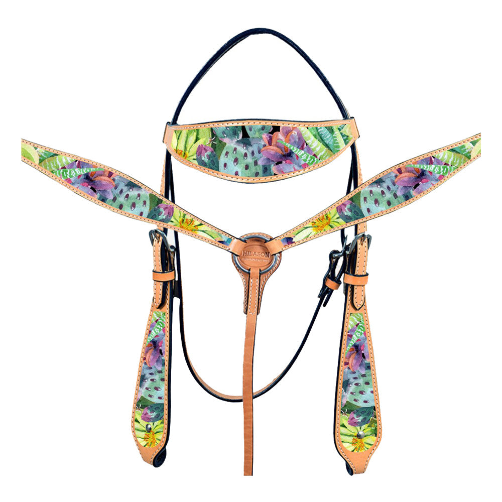 HILASON Western Horse Genuine American Leather Headstall &amp; Breast Collar Set Blooming Cactus