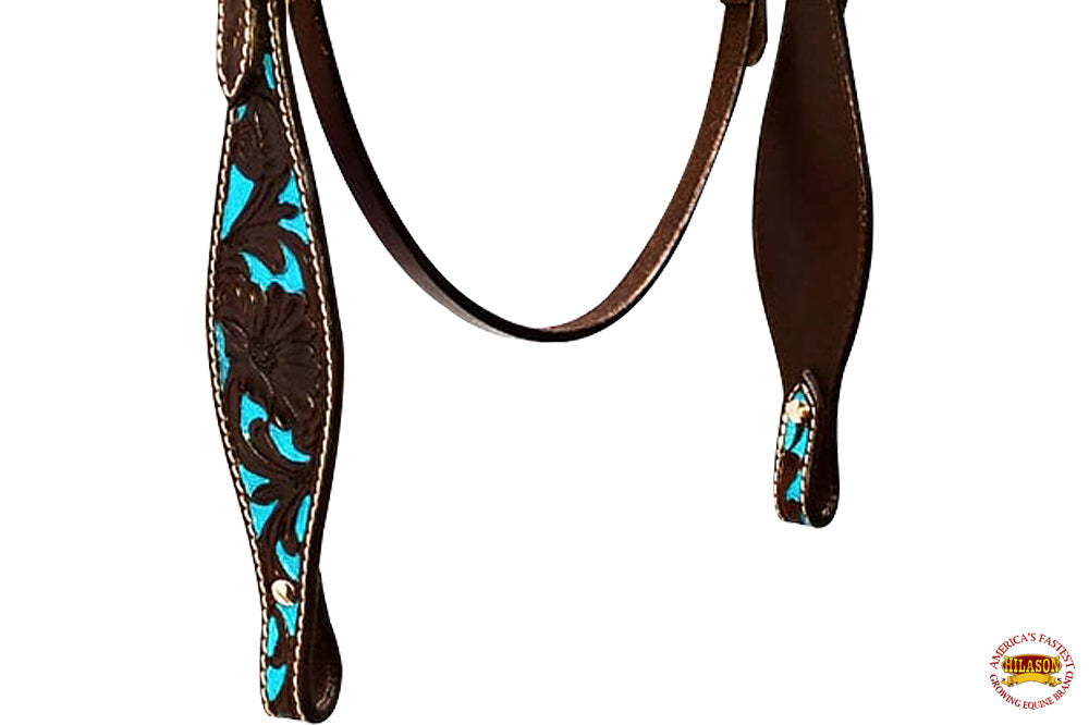 HILASON Western Horse Tack Set American Leather Dark Brown &amp; Turquoise Inlay