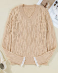 Pearl Beaded Pointelle Knit V-Neck Lace Trim Sweater