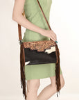 ADBG555BRWFRNG American Darling Hand Tooled Hair On Genuine Leather Women Bag Western Handbag Purse