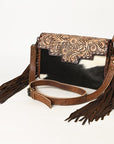 ADBG555BRWFRNG American Darling Hand Tooled Hair On Genuine Leather Women Bag Western Handbag Purse