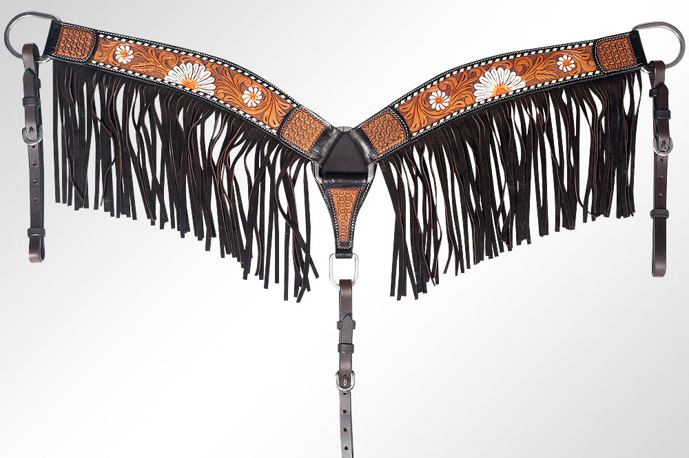 AMERICAN DARLING Western Horse Breast Collar Hand Carved American Leather Tan