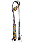 Bar H Equine Sunflower Floral Hand Carved  Horse Leather One Ear Headstall Brown