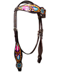 Bar H Equine Horse Leather Floral Feather  One Ear Headstall Dark Brown