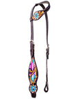 Bar H Equine Horse Leather Floral Feather  One Ear Headstall Dark Brown