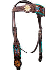 Bar H Equine Western Horse Floral Beaded Genuine American Leather Breast Collar Headstall Tack Set