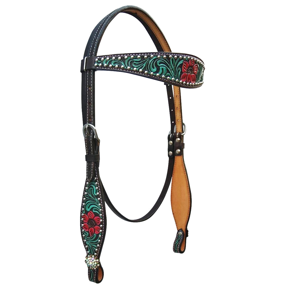 Bar H Equine American Leather Horse Saddle Tack One Ear Headstall | Breast Collar | Browband Headstall | Wither Strap | Tack Set for Horses Botanic Chiseled Collection