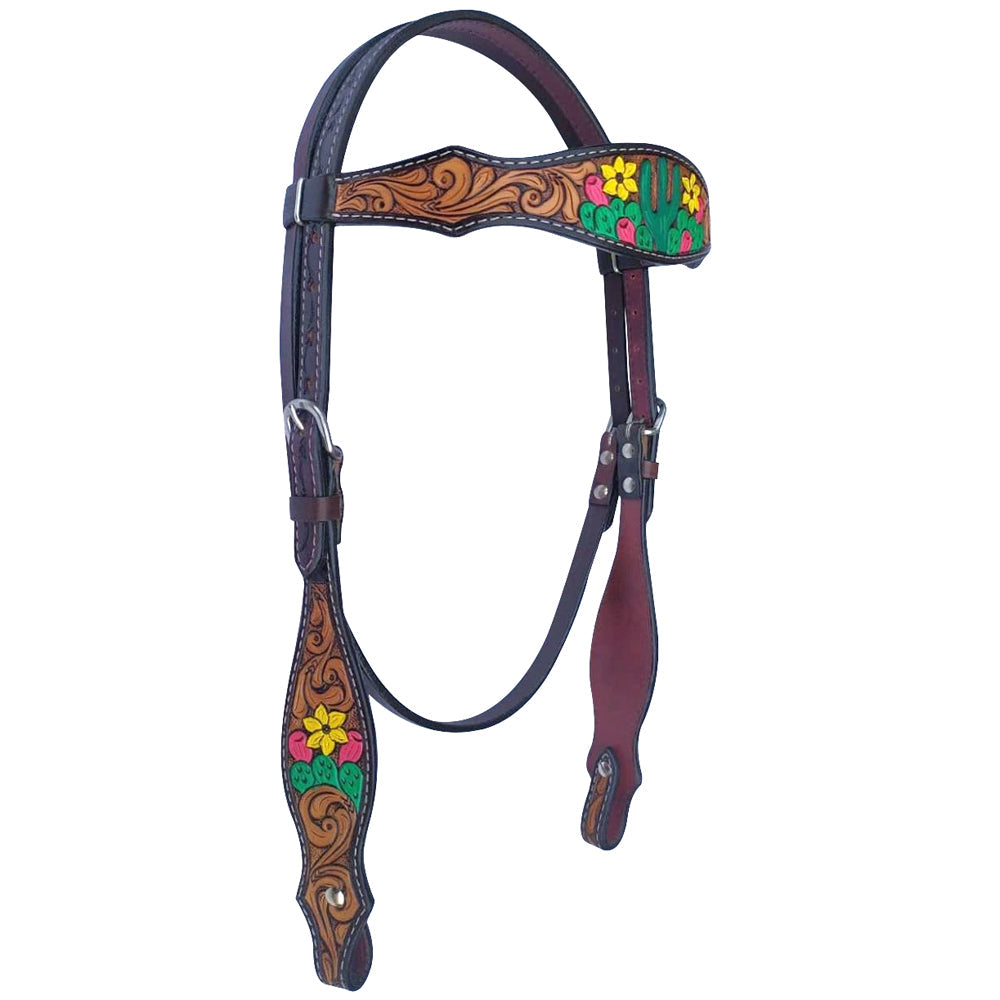 Bar H Equine American Leather Horse Saddle Tack One Ear Headstall | Breast Collar | Browband Headstall | Wither Strap | Tack Set for Horses Tropical Cacti Cactus Daffodil Collection