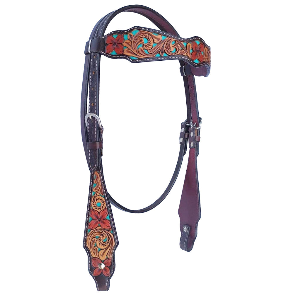 Bar H Equine American Leather Horse Saddle Tack One Ear Headstall | Breast Collar | Browband Headstall | Wither Strap | Tack Set for Horses Tropical Turquoise Curved Collection