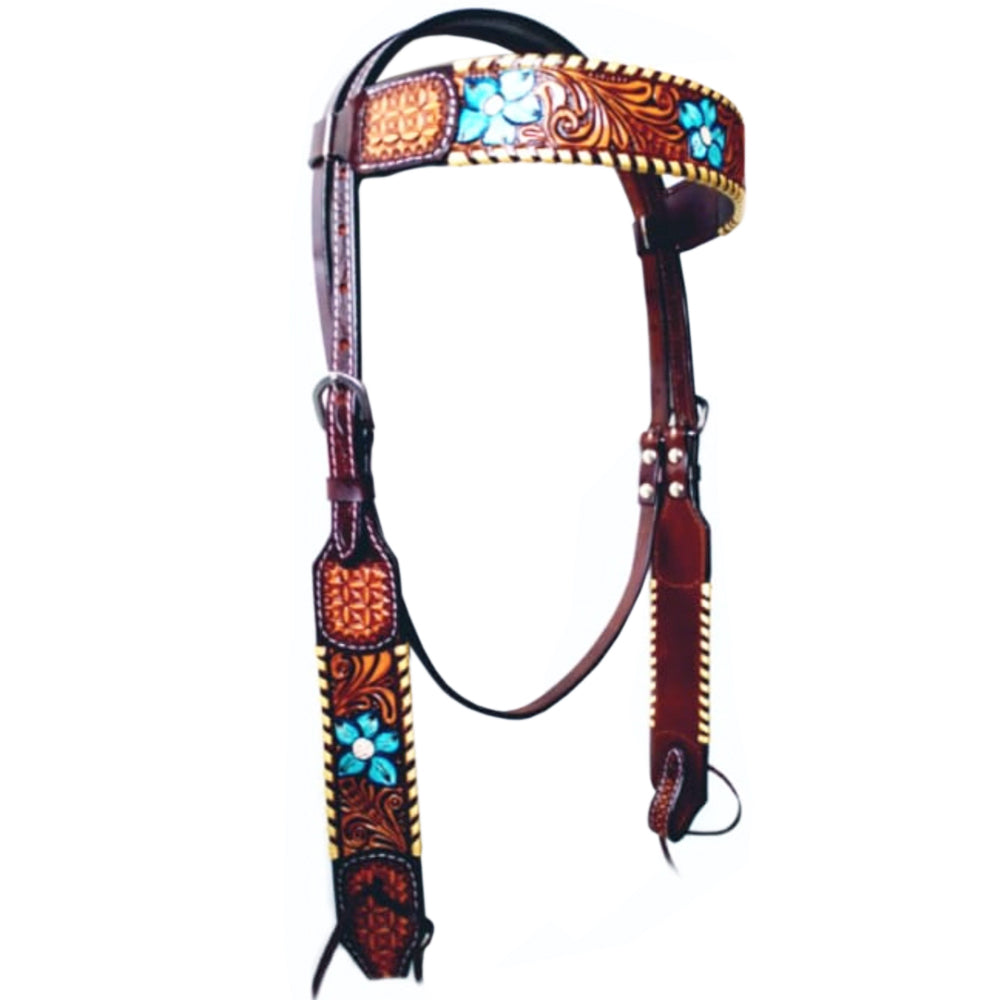 Bar H Equine American Leather Horse Saddle Tack One Ear Headstall | Breast Collar | Browband Headstall | Wither Strap | Tack Set for Horses Turquoise Bloom BER111