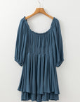 Solid Ruched Frilled Neck 3/4 Sleeve Dress
