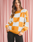 Checkered Bishop Sleeve Pullover Sweater
