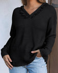 Solid Ribbed Drop Shoulder Hooded V-Neck Sweater