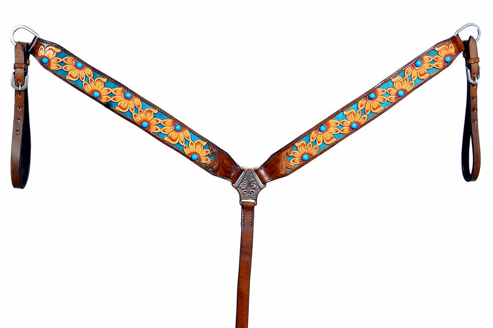 HILASON Western Horse Leather Headstall &amp; Breast Collar Set Brown Sunflower