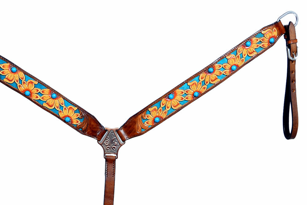 HILASON Western Horse Leather Headstall &amp; Breast Collar Set Brown Sunflower