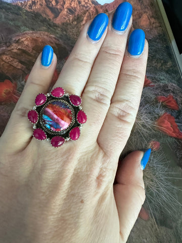 Handmade Pink Opal, Pink Dream Mojave And Sterling Silver Adjustable Ring