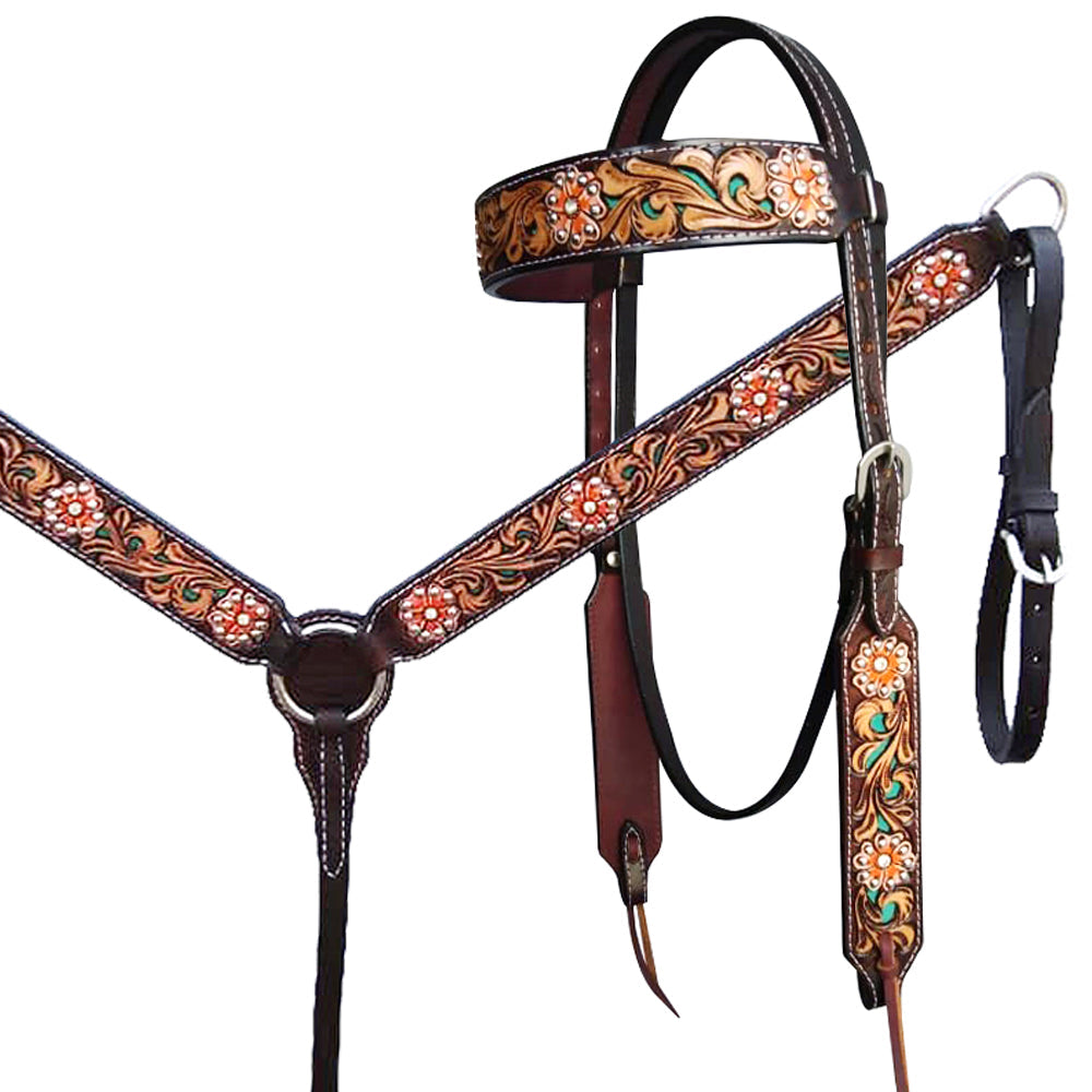 HILASON Western Horse Floral Headstall Breast Collar One Headstall American Leather Tack Set